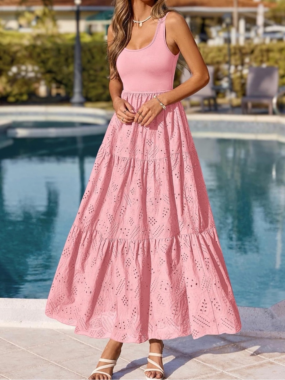 Sleeveless Pink Eyelet Maxi Dress - Women's Summer Dress